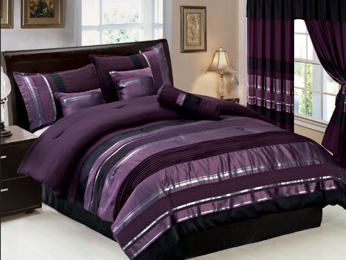 7 Pc Modern Purple Black Silver Chenille Comforter Set Bed In A Bag King Size Bedding By Grand Linen For Homeware Fiji Silver Chenille Comforter Set, Black Silver King Size Bedding