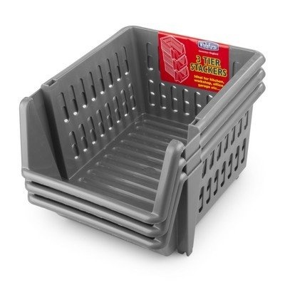 Whitefurze 3 x Stacking Basket Set of 3 18 cm Silver