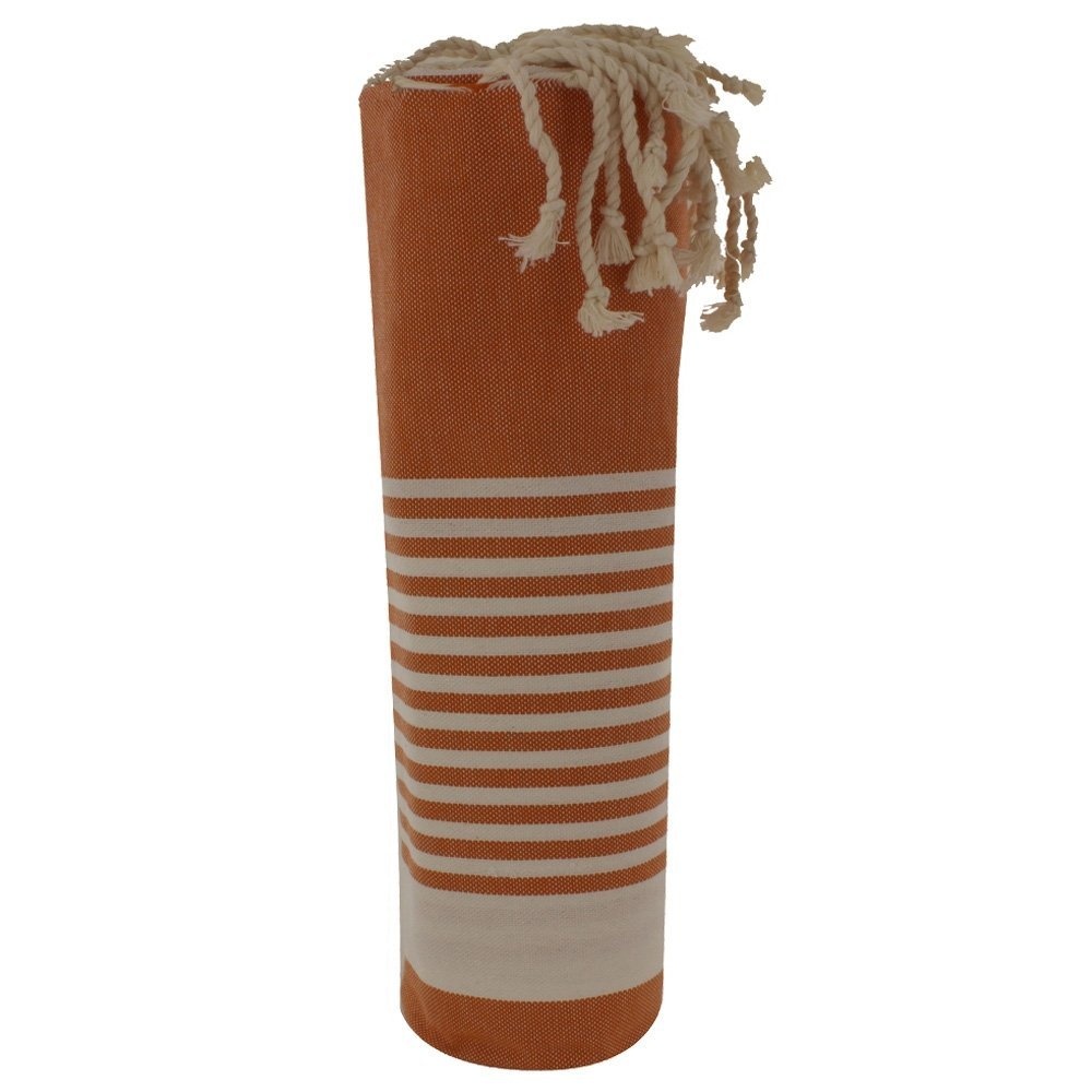 LES POULETTES Fouta Beach Towel Blue Cotton Beige and Orange Stripes