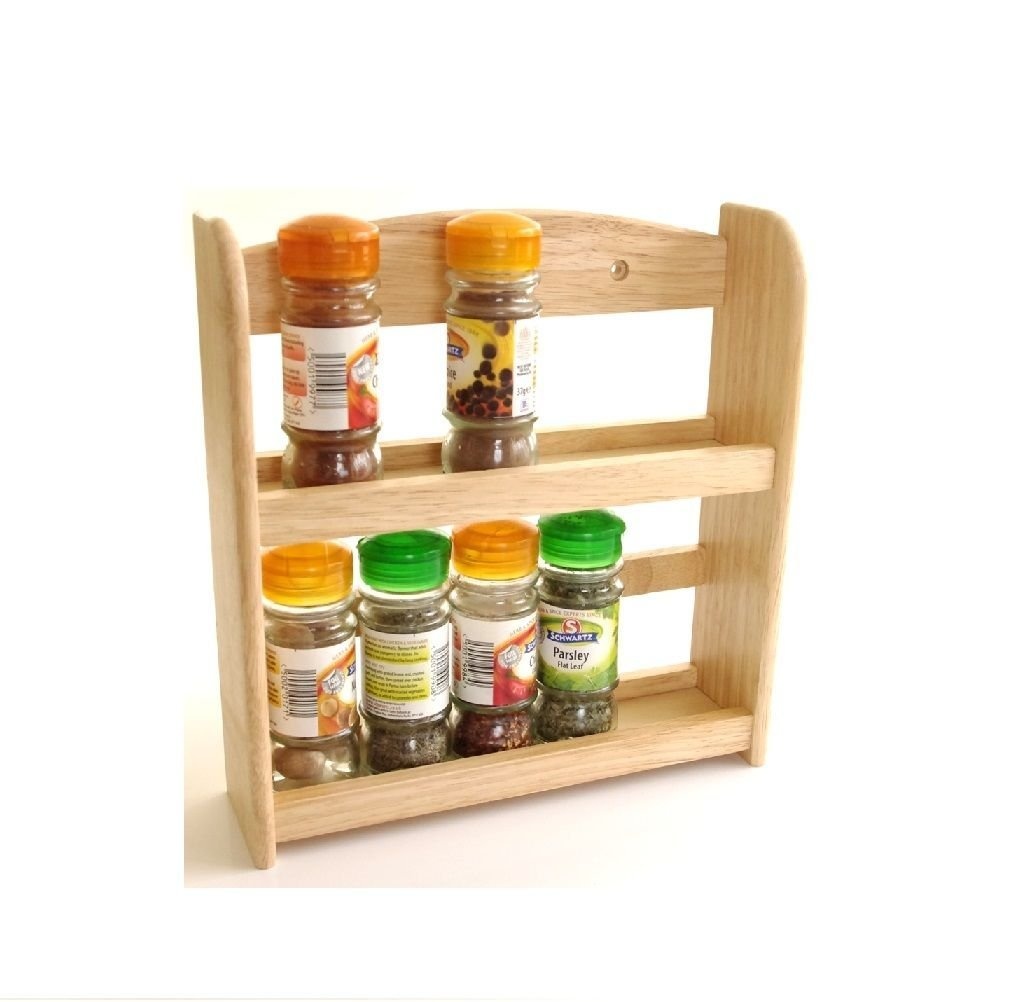 New 2 Tier Pine Natural Wood Wall Mounted Free Standing Wood Wooden Spice Herb Storage Rack Jar Stand Holder