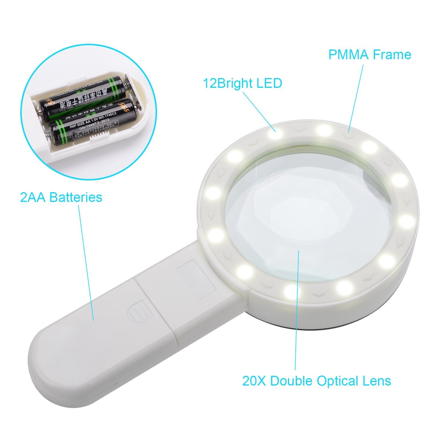 XYK Extra Large Handheld Magnifying Glass with Light White White Best Illuminated Magnifier for Reading,Macular Degeneration,Inspection,Exploring,Hobbies