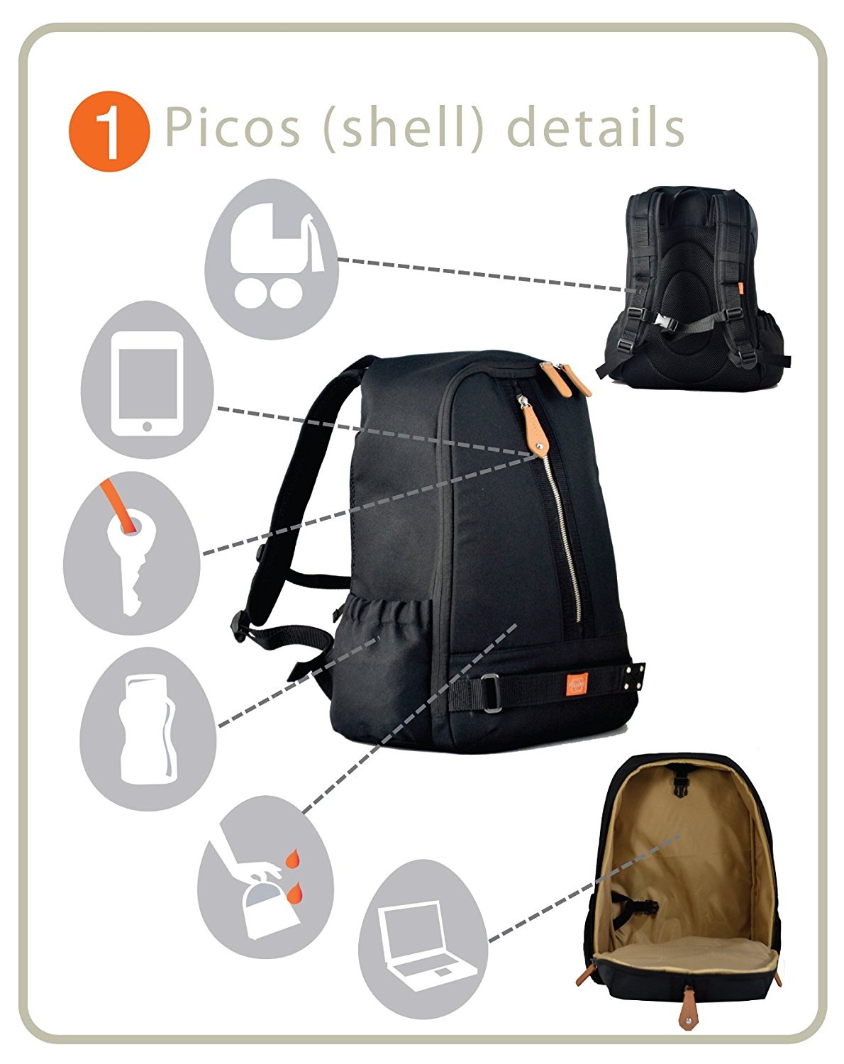 PacaPod Picos Pack Black Shell Designer Baby Changing Bag Unisex Luxury Black Backpack Outer Shell