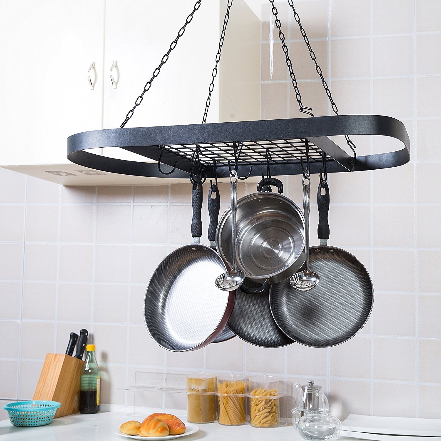 Black Metal Ceiling Mounted Oval Pot Rack Hanging Cookware Organiser With Wire Grate Shelf By Mygift Shop Online For Kitchen In Fiji
