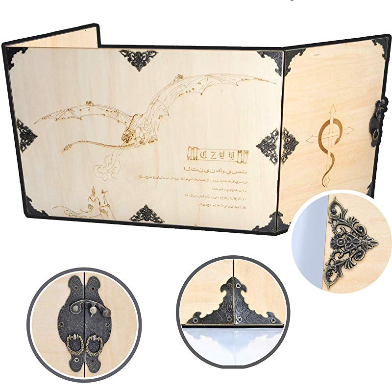 D/&D Wood Dungeon Masters DM Screen Laser Carved Dragon and Flamel Cross Decorated with Antique Bronze Rivets 3-Panel with Metal Clips Tabletop RPG Accessory for Game Master