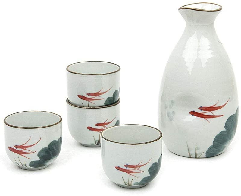 5 Piece Japanese Sake Cup Set Hand Painted Cherry Blossoms Flower